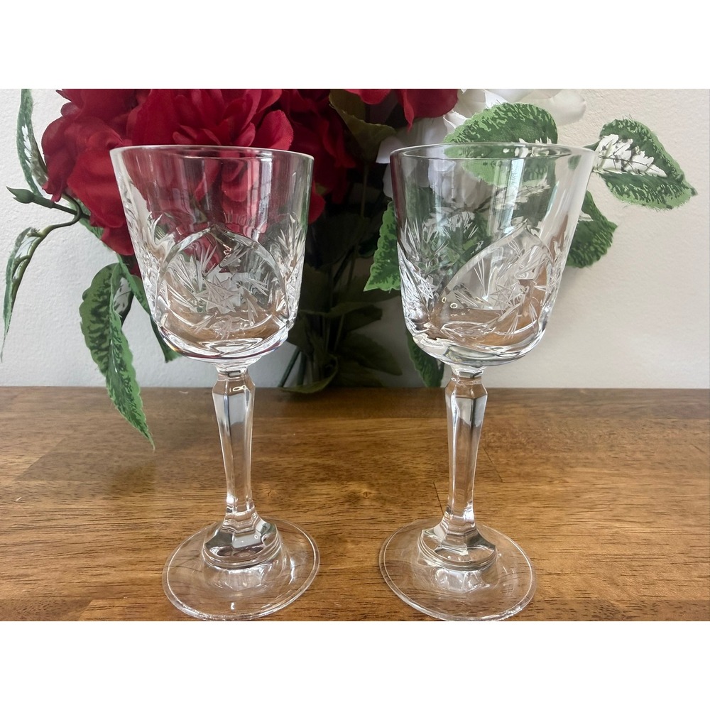 Vintage Bohemia Crystal Pinwheel‎ Cut Cordial Glasses Etched Stemware Pair
